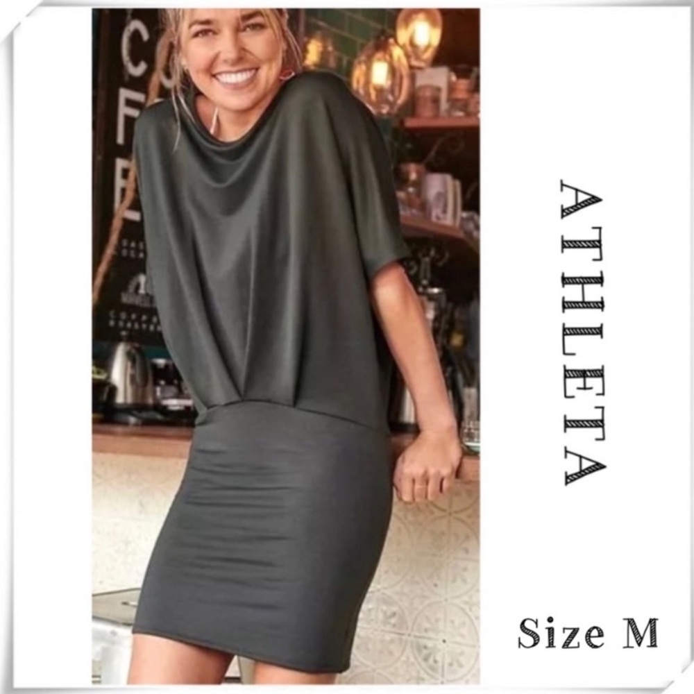 ATHLETA Pronto Pleated Stretch Dress in Black Olive Size M Style 291869-01